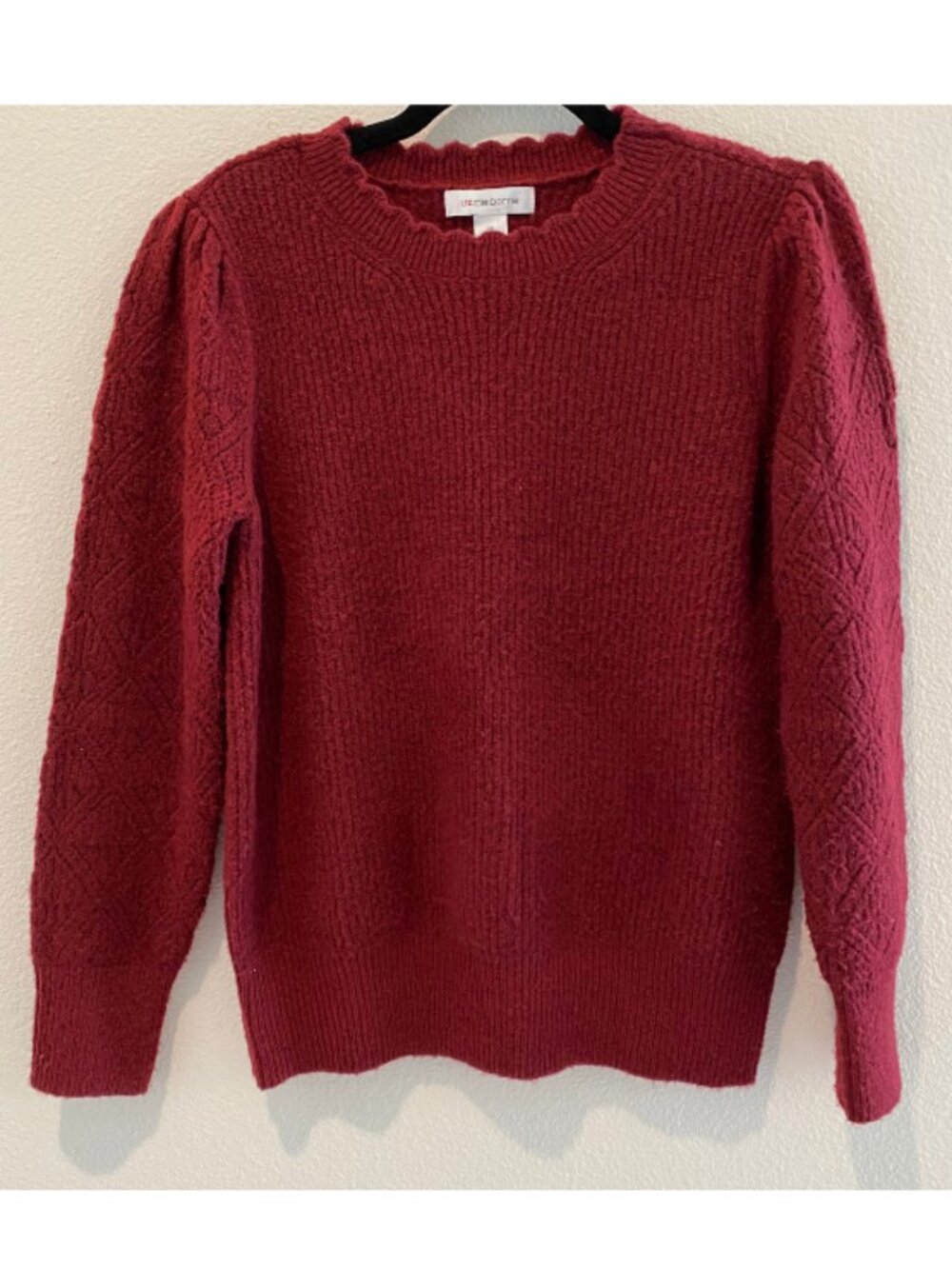 Liz Claiborne Burgundy Ruffle Neck Long Sleeve Sweater Medium Puff Sleeve Argyle